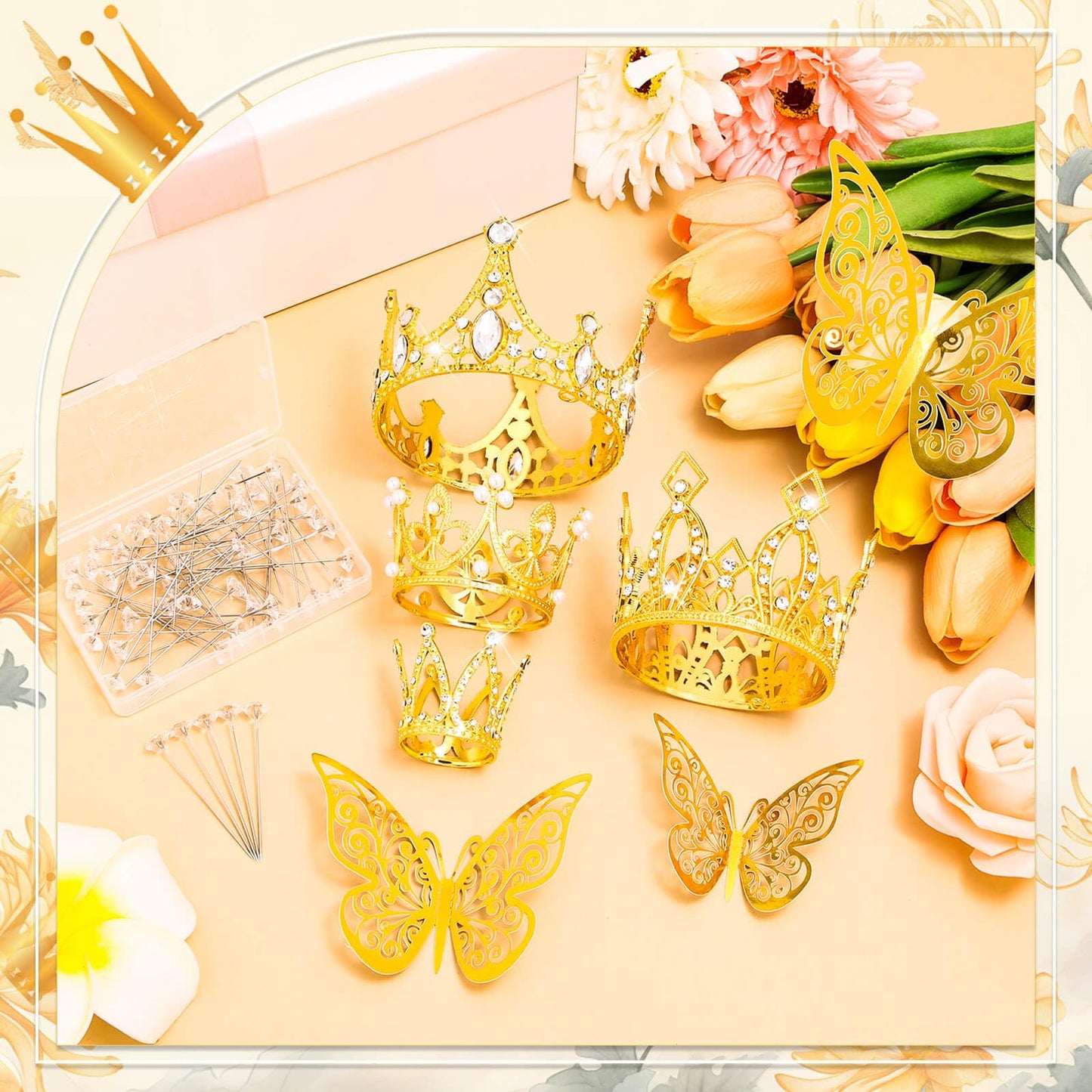 cridoz Gold Crowns for Flower Bouquets, Flower Bouquet Accessories Including 4 Pcs Bouquet Crown, 12 Pcs Butterfly Decorations and 50 Pcs Flower Pins for Birthday Wedding Baby Shower