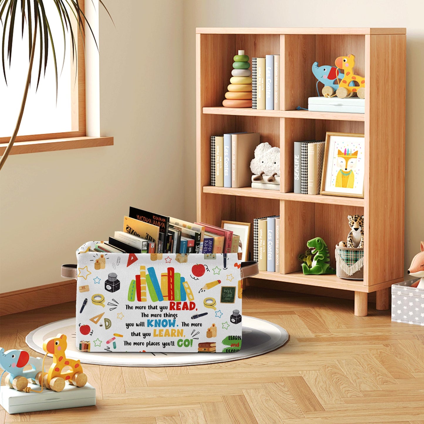 JOPJOLIW Reading Book Rectangle Storage Basket - Book Themed Collection Collapsible Storage Baskets with Handles - Reading Books Pattern Storages Bin for Kids Clothes, Gifts, Books,Toys
