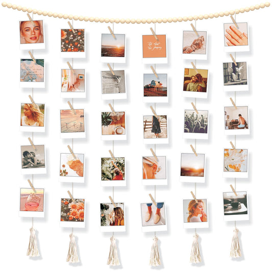 BIZYAC Hanging Photo Display with Clips Wall Boho Decor Beads Garland - Sculptural Picture Frames Collage - 30 Clothespins - 2 Non-Trace Hook - No Holes Drilling - 45 x 45 inch