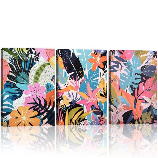 Framed 3Pcs Tropical Floral Wall Art Colorful Canvas Prints with Tropical Plants and Flowers Abstract Blue Botanical Picture Painting Wall Decor for Living Room Bathroom Gallery Office 12"x16"