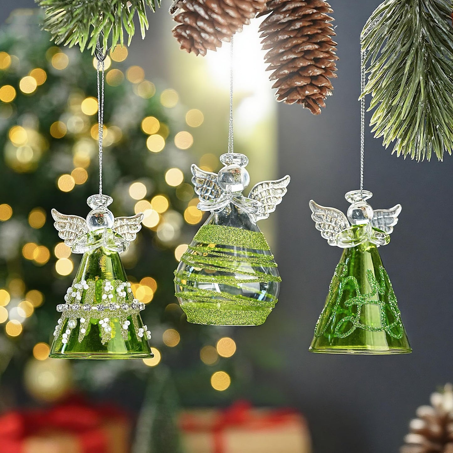 Green Glass Angel Ornaments Gift for Women, Set of 3 Crystal Guardian Angel Ornaments for Tree, 2026 Hand Blown Spun Glass Home Decor Irish Gift for Women