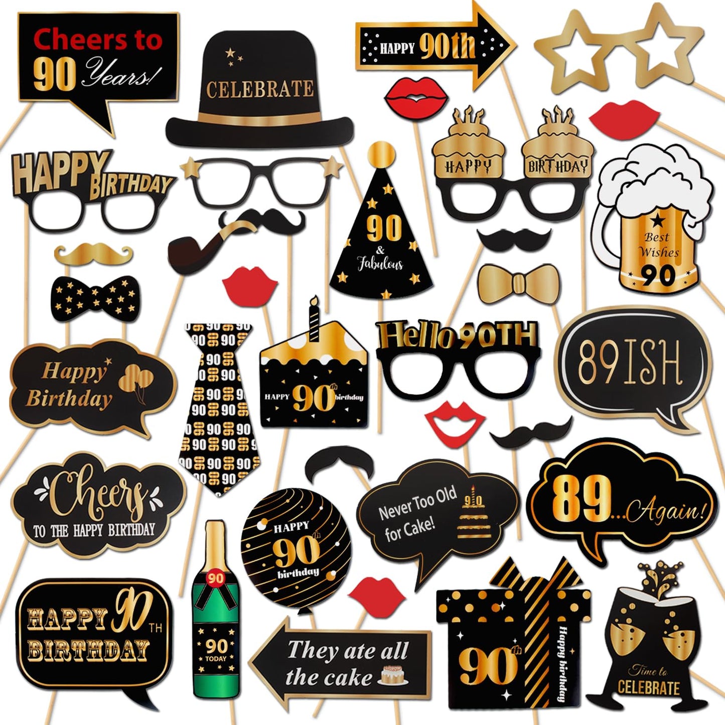 LINGTEER Happy 90th Birthday Party Photo Booth Props,Cheers to 90th Birthday Ninety Years Old Bday Party Centerpieces Props Decorations Sign.