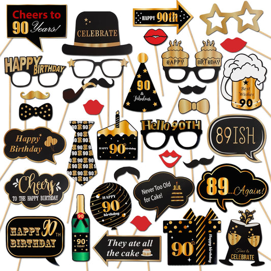 LINGTEER Happy 90th Birthday Party Photo Booth Props,Cheers to 90th Birthday Ninety Years Old Bday Party Centerpieces Props Decorations Sign.