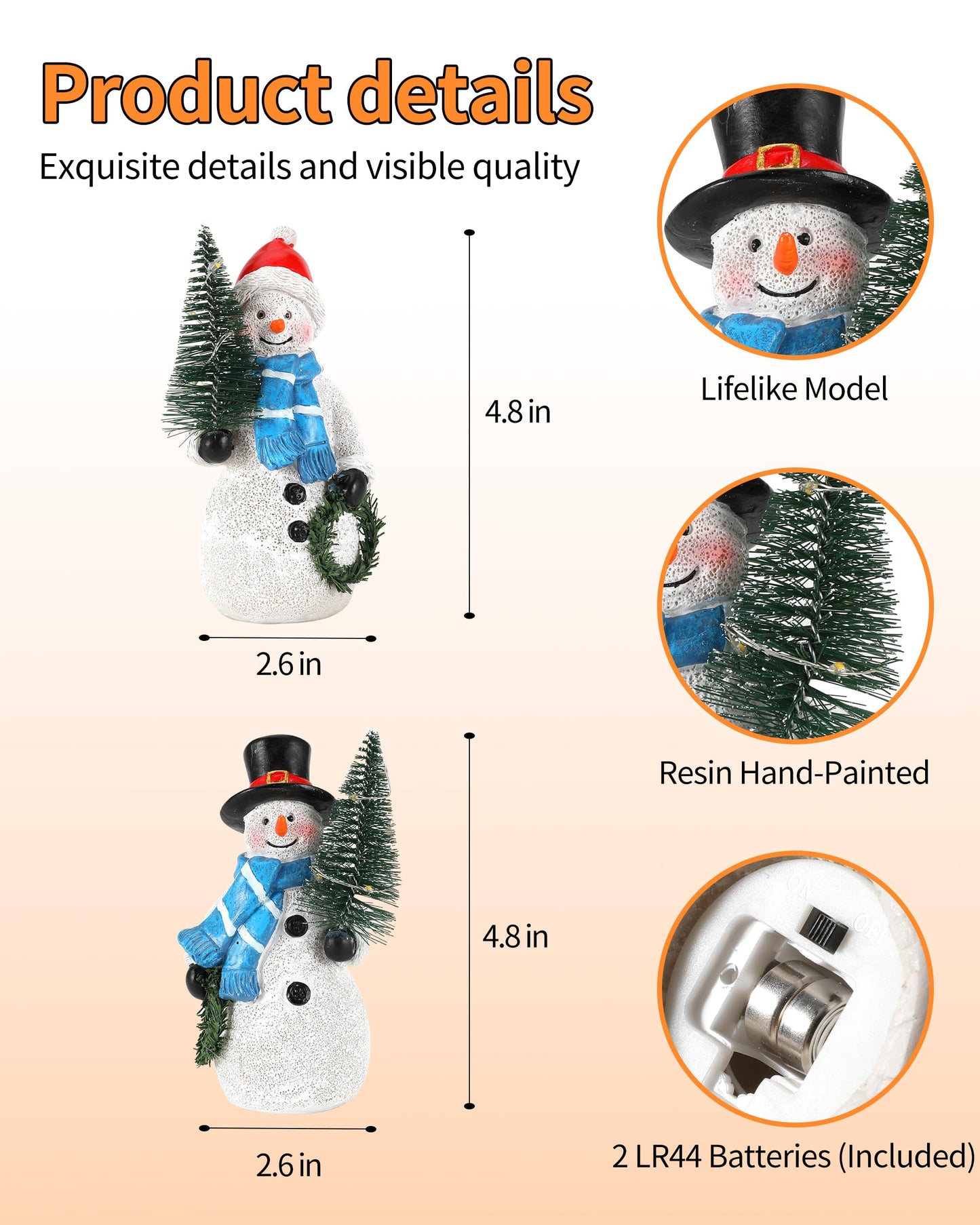 iStatue Resin Snowmen Figurines with Lighted Christmas Tree and Wreath 5'' - Set of 2 Battery Operated - Holiday Decorations Home Decor (Snowman)