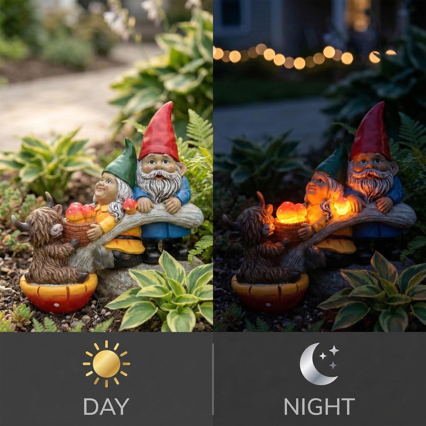 Garden Gnomes and Highland Cow Statue with Mushroom Solar Light, Couple Gnome Figurine for Outdoor Patio Lawn Porch Yard Edge Shelf Sitter Decoration, Garden Knome Holiday Indoor Decor, Love Gift