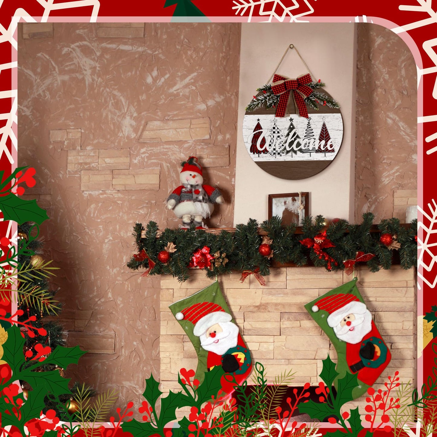 Boao Christmas Door Wreath Merry Christmas Welcome Hanging Wall Sign for Front Door 11.8'' Round Xmas Tree Winter Wreath Wooden Porch Sign with Bow Porch Farmhouse Home Wall Decor(Novel)