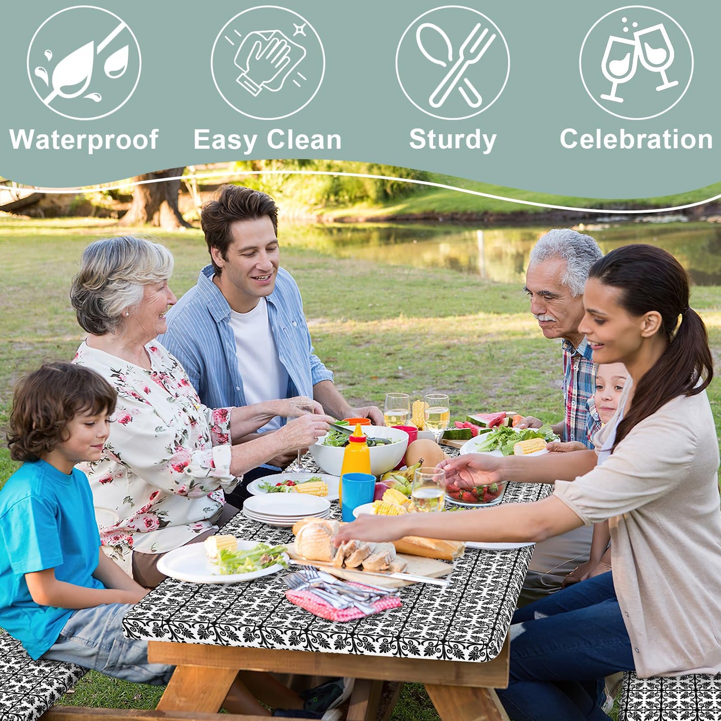 misaya Picnic Table Cover with Bench Cover, Waterproof Elastic Fitted Tablecloth for 6 Foot Tables, Rectangle Washable Polyester Tablecloths for Picnic, Camping, Outdoor (Black, 30" x 72")