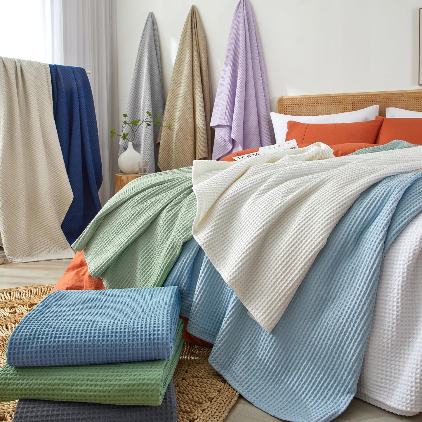 PHF Pre-Washed Cotton Waffle Weave Blanket Throw Size for Couch Bed,Snag Proof Spring Summer Lightweight Breathable,Oeko-TEX Certified,Machine Washable, Home Decor Gift，Cream