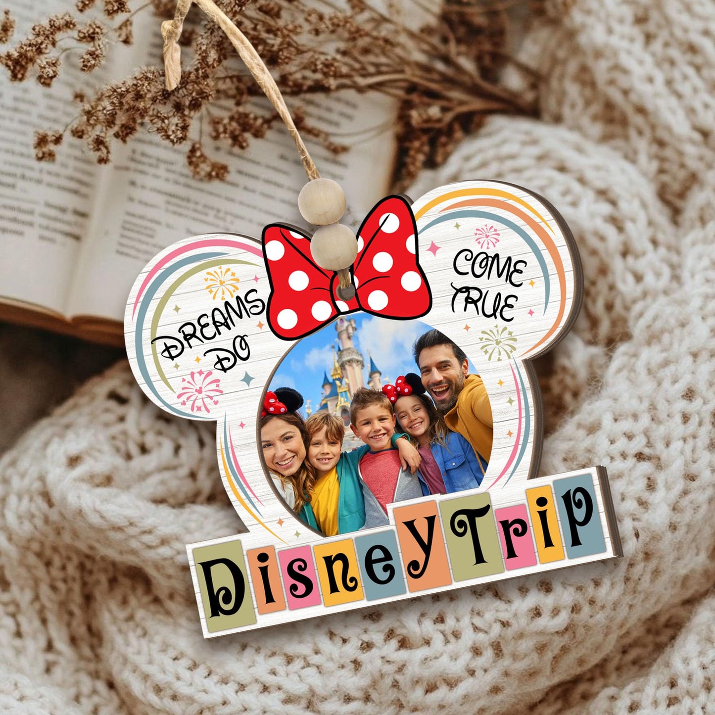 Family Vacation Trip Wooden Photo Ornament – Ears with Bow Design, “Dreams Do Come True” Family Vacation Magic Kingdom Keepsake, Rustic Holiday Decoration with Photo Frame