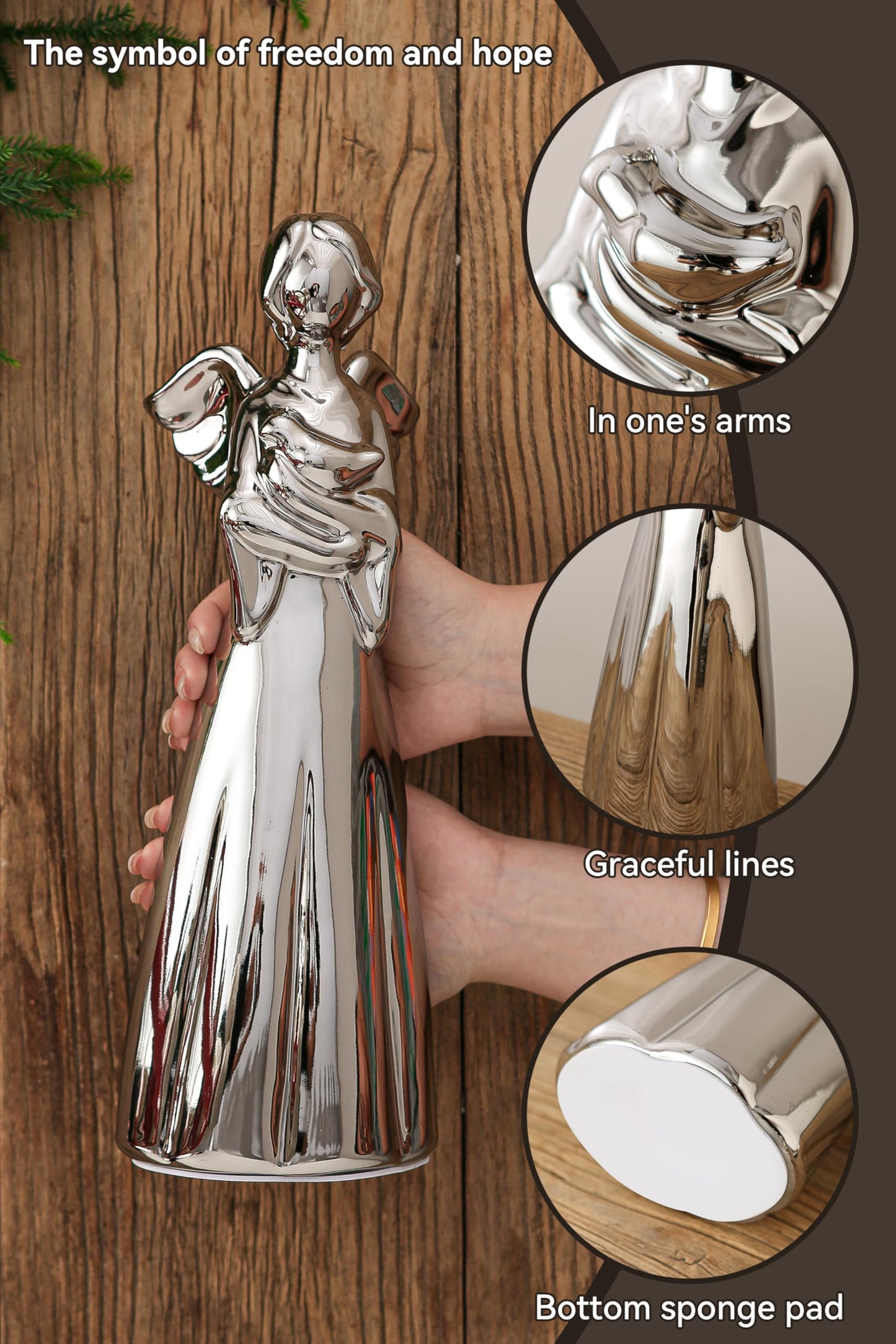 SURE YUESI for Mom from Daughter Son Kids- Statue Sculptures 13.8 Inch Ceramic Angel Figurine, Home Decor for Bedroom, Bathroom, Entryway, Bookshelf, Fireplace, TV Stand, Console Table- Silver