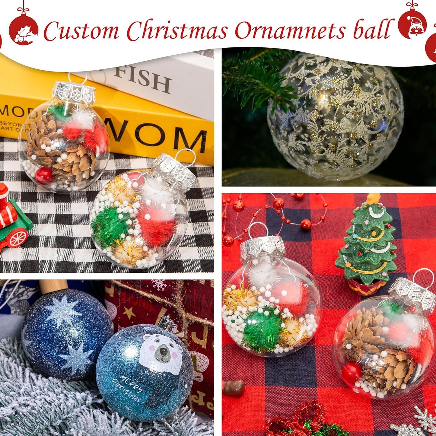Auihiay 40 PCS Clear Christmas Balls, Fillable Christmas Ornaments, Flat Clear Plastic Ornaments for Christmas Tree Decorations, DIY Craft Projects and Home Wedding Decor (2.36inch/60mm)