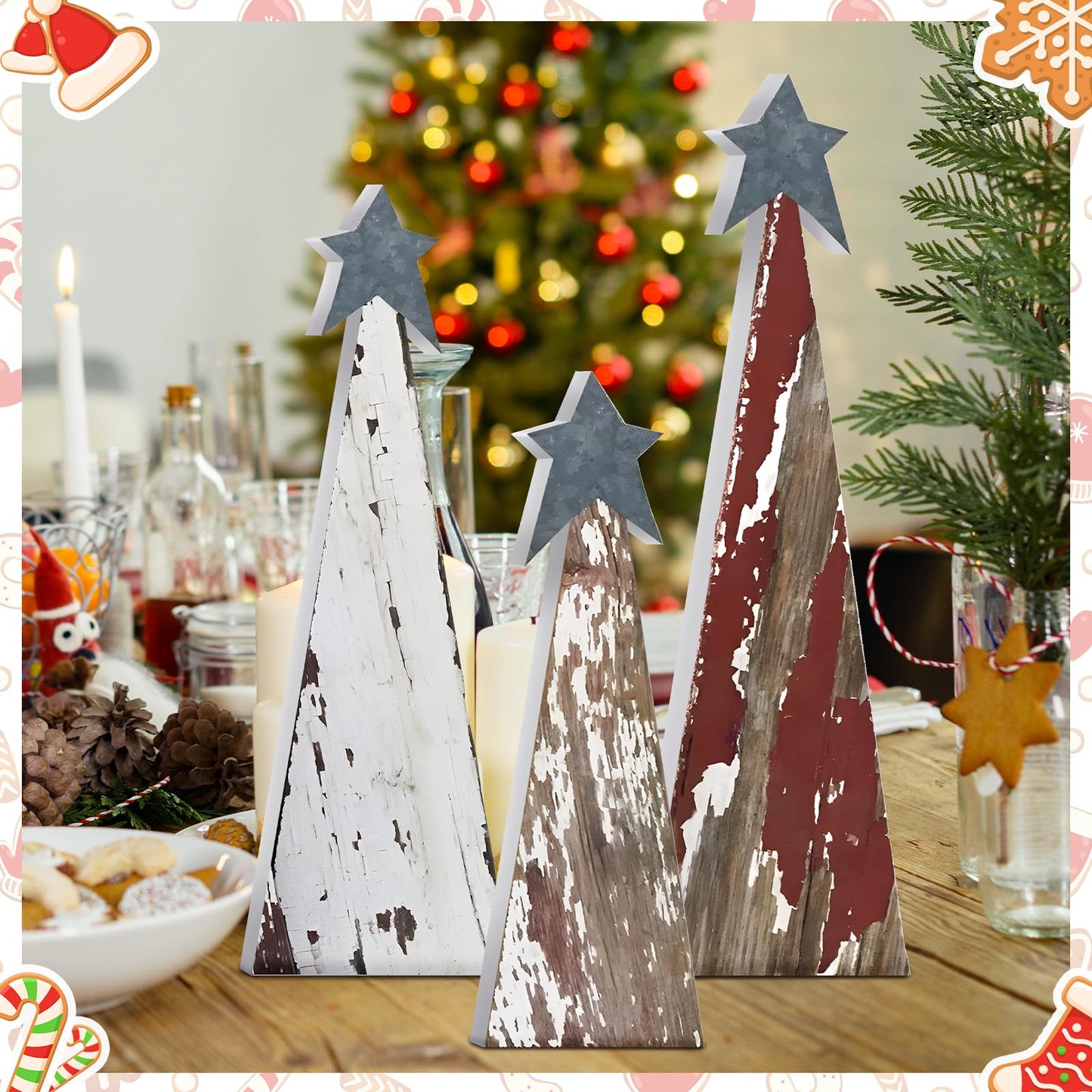 Soaoo 3 Pcs Rustic Christmas Tree Wooden Table Decorations Farmhouse Small Christmas in July Tabletop Centerpieces with Standing Top Star for Home Shelf Mantel Fireplace Table Party Decor