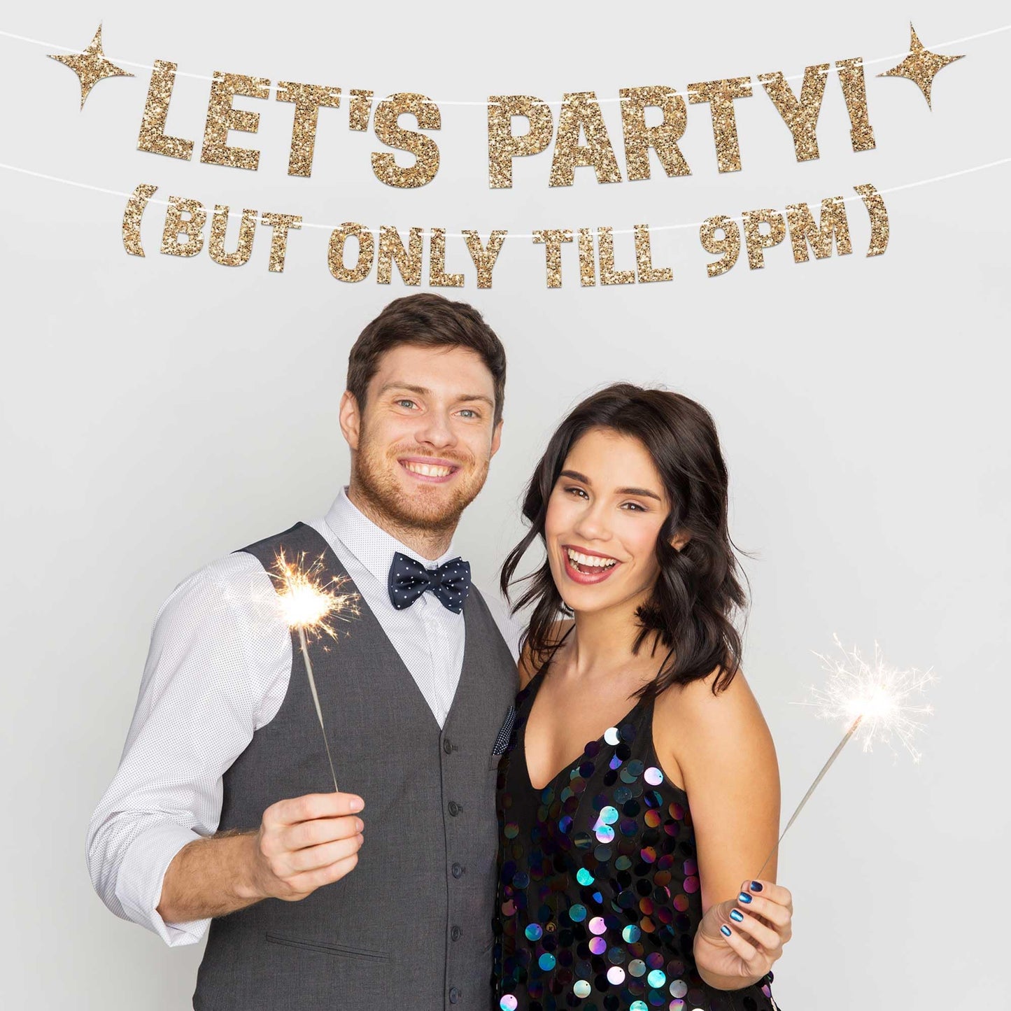Pre-strung Let's Party But Only Till 9 PM Banner - No DIY - Gold Glitter Funny Birthday Banner for Men & Women - Pre-strung on 8 ft Strands - Gold Party Decorations & Decor. Did We Mention No DIY