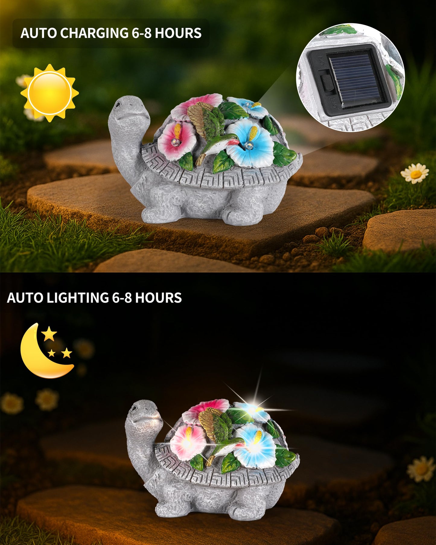GoGnome Solar Turtle Figurine Lights with Hummingbird Flower 5.5-inch – Garden Statue for Outdoor Yard Decorations, Lawn Ornaments, Balcony Decor – Ideal Gift for All Occasions (Turtle)