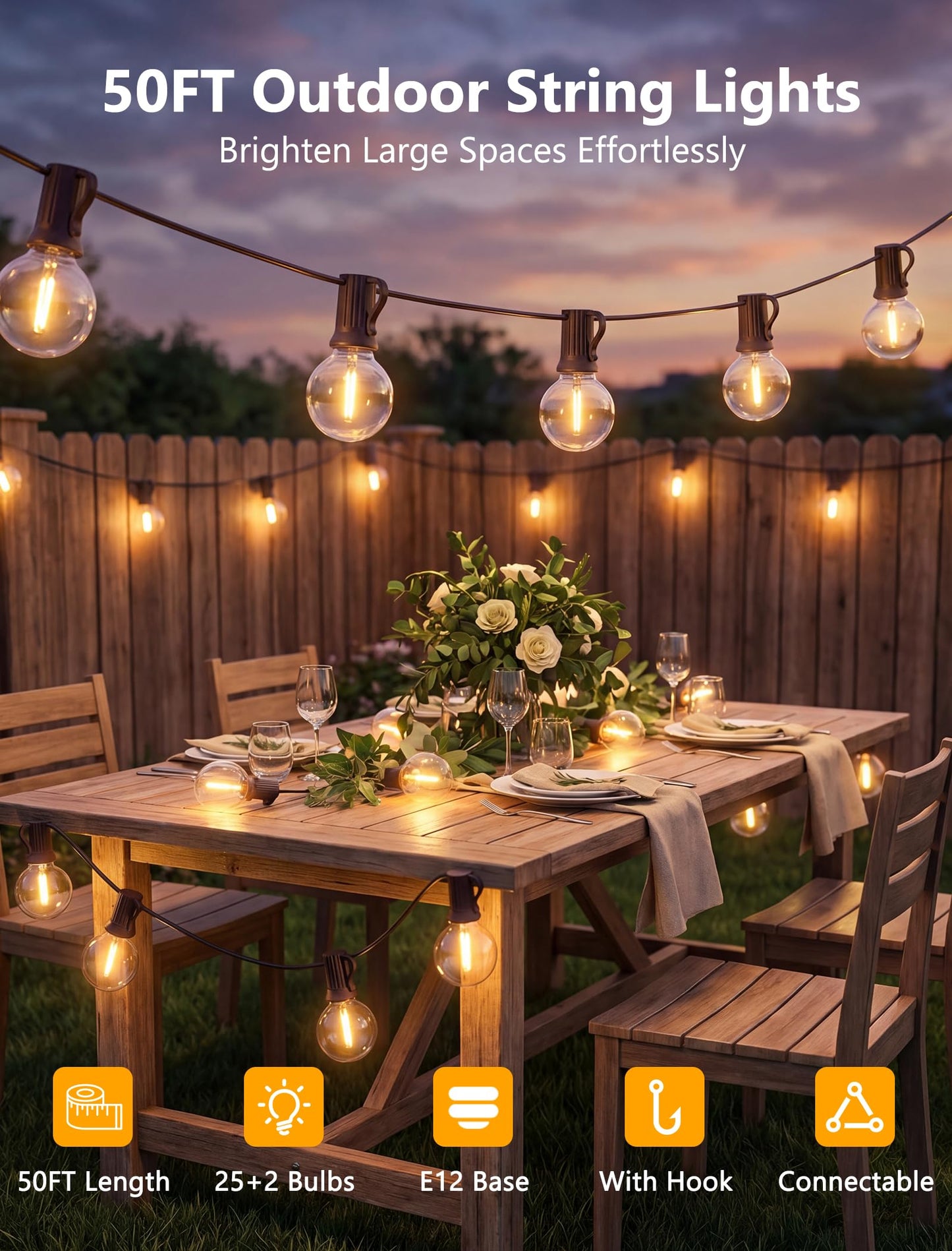 Kivonfa 50FT Outdoor String Lights - Shatterproof G40 LED Bulbs, Waterproof Connectable Patio String Lights for Outside Backyard, Wedding & Bistro Party Decor, Warm W