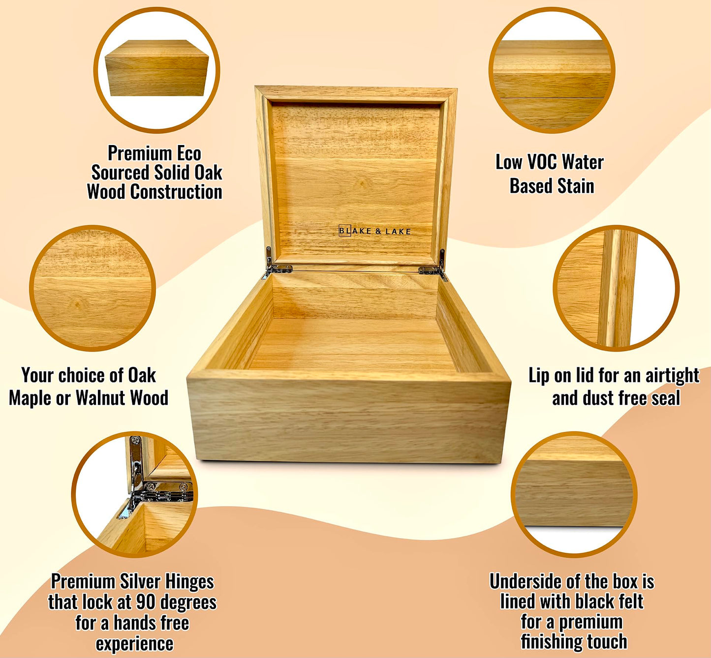 Blake & Lake Wooden Eco Box with Hinged Lid - Oak Wood Storage Box with Lid - Wooden Keepsake Box - Decorative wooden boxes with lids for Keepsakes (Oak)