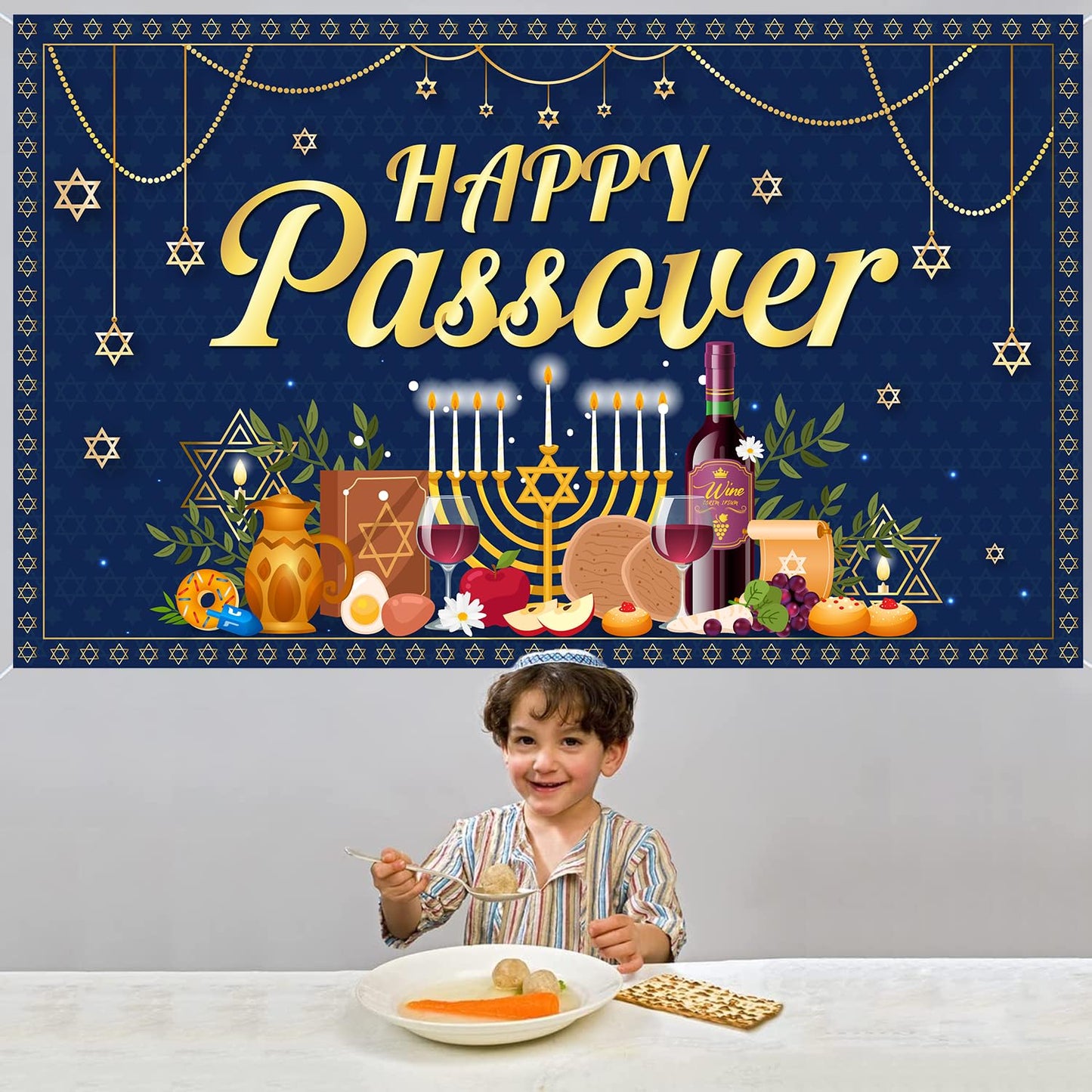 Happy Passover Banner Backdrop - 72'' x 43'' Passover Banner Decoration, Hanging Jewish Pesach Background Decor for Wedding Festive Welcome Banner Passover Party Supplies