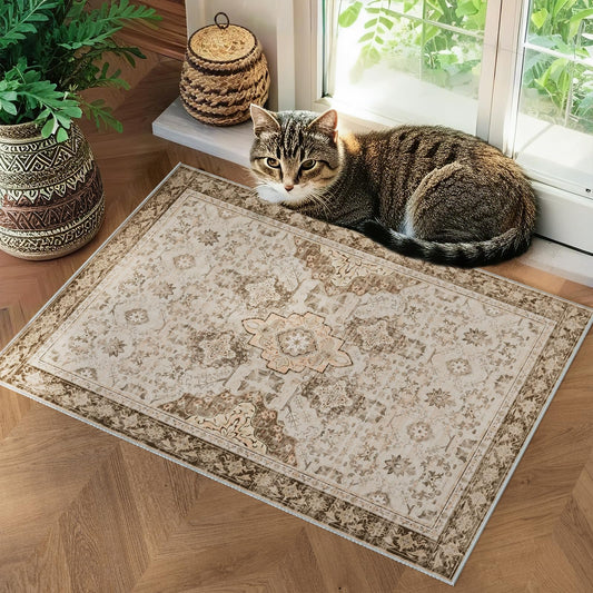 AMTOVO 2x3 Washable Entryway Area Rug Door Mat, Vintage Boho Distressed Print Pattern Non-Slip Carpet, Small Throw Rug for Indoor Entrance Kitchen Bedroom Bathroom Laundry Floor, Light Brown