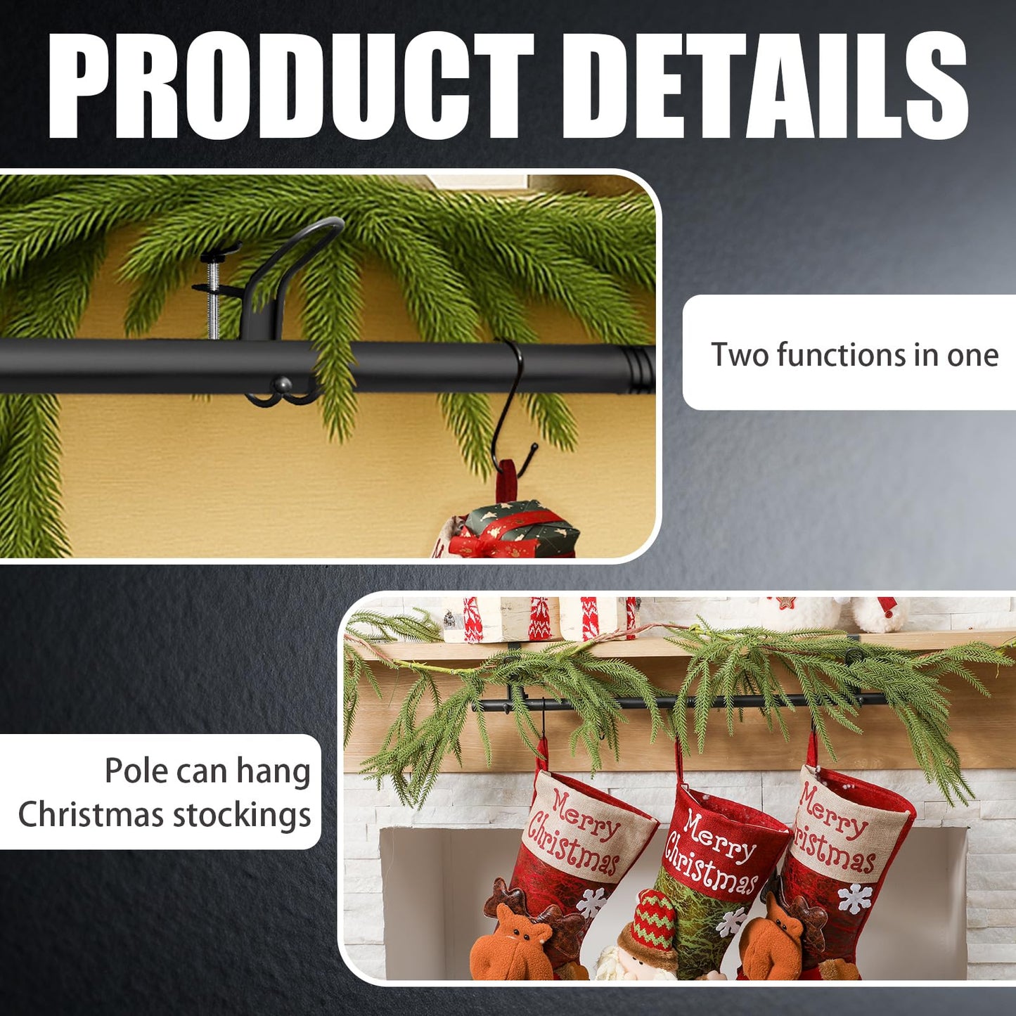 Hoolerry 10 Pcs 3 in 1 Christmas Stocking Garland Hanger for Mantle Fireplace Mantel Garland Hangers with Adjustable Tension Rods Hooks for Xmas Holiday Stocking Wreath Hanging Ornament (Small,Black)