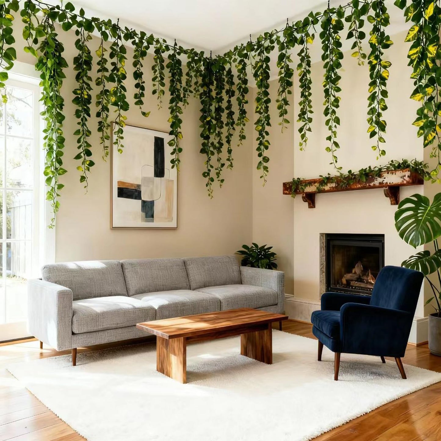 Jangmont Fake Vines for Room Decoration Artificial Ivy Garland Hanging Vines Faux Vines Decor for Wall Bedroom Outdoors Garden Wedding Office Patio (Pothos-Lesves, 12PCS 84FT)
