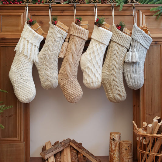 steo spce 6 Pack Vintage Knit Christmas Stockings – White Beige Apricot Rustic Boho Farmhouse Cable Knitted Holiday Set, 3 Large 18” and 3 Small 15” Neutral Stockings (Linen Color)
