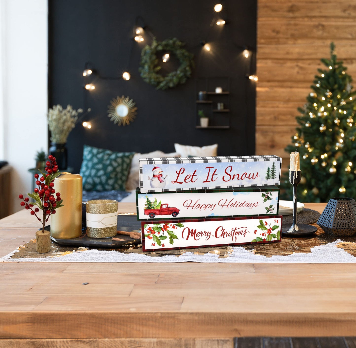 Gift Boutique - Christmas Table Decorations Set of 3 Table Topper Centerpiece for Desk, Shelf, Mantle, Home, Party Decor Snowman Winter Merry Christmas Happy Holidays Let it Snow Design