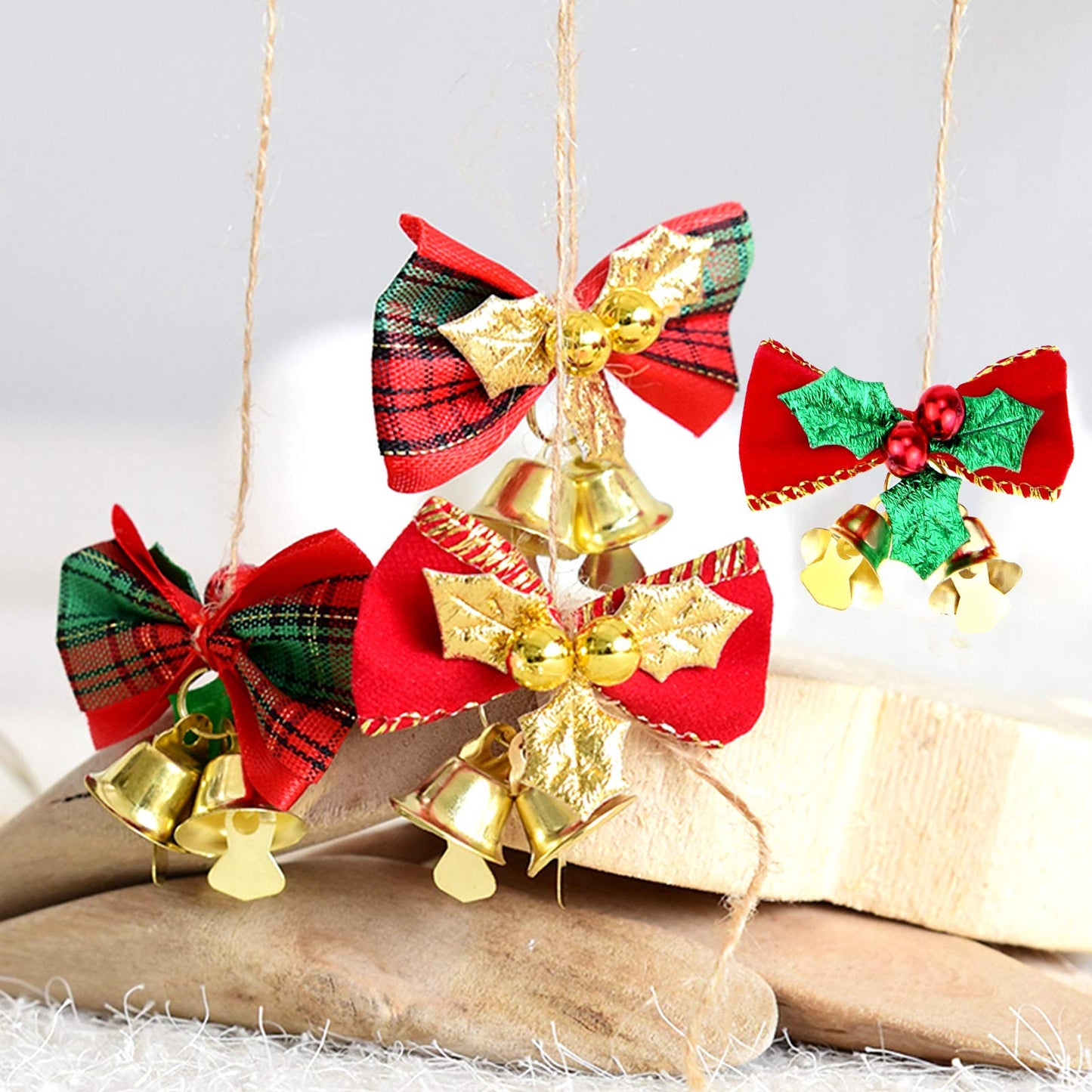 Pistha 20 Pcs Christmas Mini Bow with Bells, 4 Styles - Traditional, Rustic, Whimsical, Minimalist - Red, Green, Gold - Christmas Ornaments