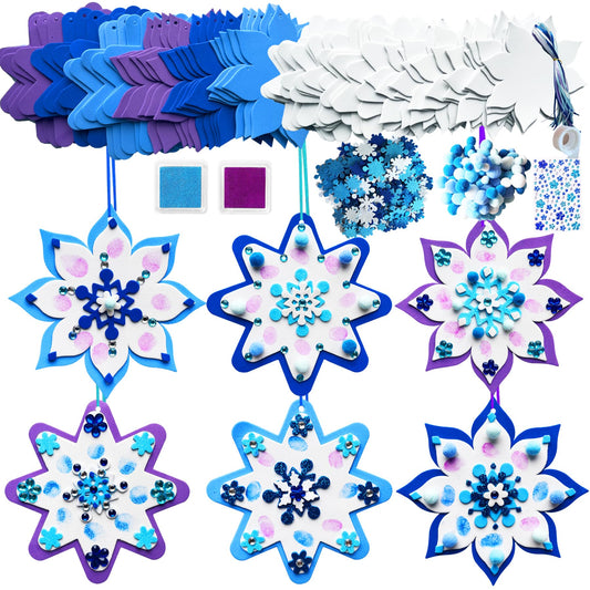 MLOLM 30 Sets Thumbprint Snowflake Craft Kit Christmas Thumbprint Ornament Kit Make Your Own Snowflake Sticker for Winter Christmas Frozen Home Activities Party Favors