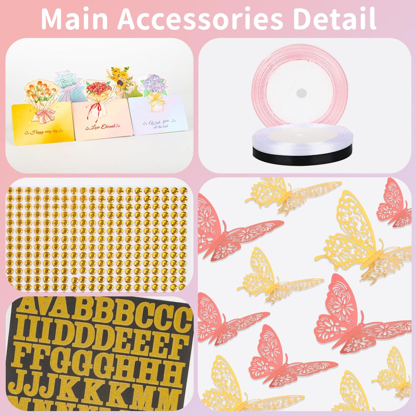 BESUPERT 52Pcs Flower Bouquet Wrapping Paper Kit, 20 Sheets Black Waterproof Floral Wrapping Paper, 1 Letter 1 Rhinestone Sticker, 12 Gold 12 Pink Butterflies, 5 Cards, 1 Black Ribbon (Gold Edge)