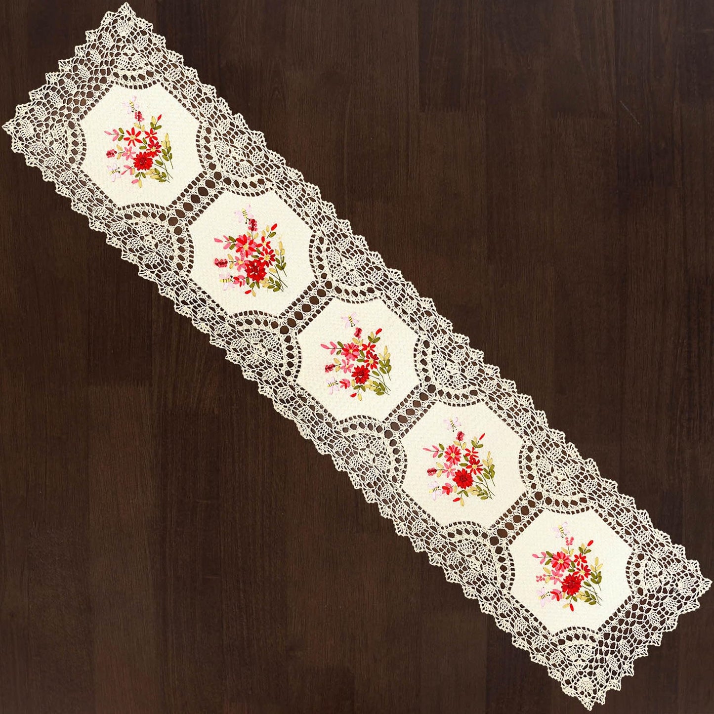 Grelucgo Handmade Crochet Table Runner with Floral Embroidery, Pink and Red (15 x 68 inches)