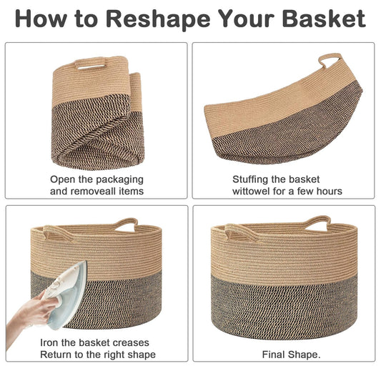 HZFTJOY Large Woven Blanket Basket,65L Cotton Rope Laundry Basket Hamper with Handles, Decorative Nursery Basket Storage Bin for Toys, Clothes Organizer, Living Room, Bedroom, Bathroom, White & Brown