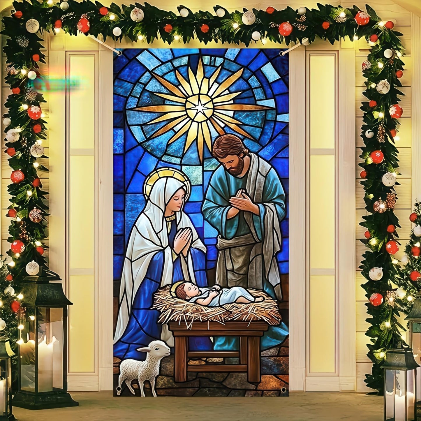 BlissYard Christmas Door Cover 71x35 Inch Nativity Scene Door Banner, Religious Christmas Decoration with Holy Family Design, Front Door Indoor Outdoor Holiday Party Photo Backdrop Hanging Cover