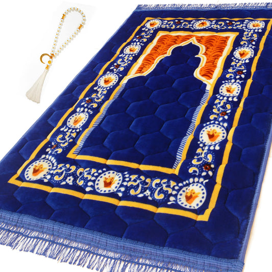 YAZEIN Prayer Rug Muslim Mat Islamic - Padded Very Thick Prayer Rug Sajadah for Men Women with Islam Prayer Beads, Soft and Luxury (31.5" x 47.2", Royal Blue)