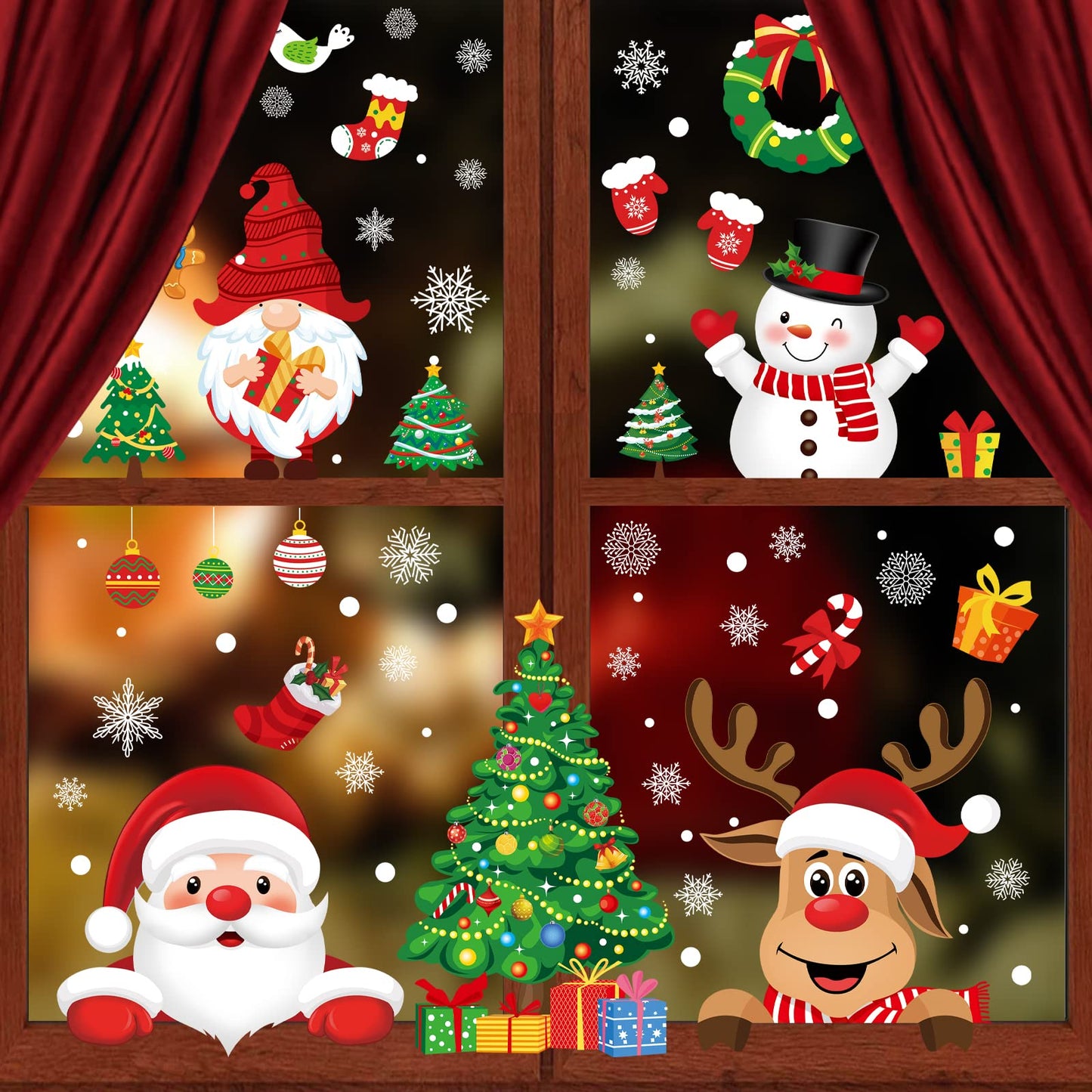 Christmas Window Clings 245pcs Christmas Decals Reusable Double Sided Printed Self Adhesive Window Decorations Santa Claus, Moose, Snowman,Socks,Dwarfs,Xmas Tree and Snowflakes Window Clings, 9 Sheet