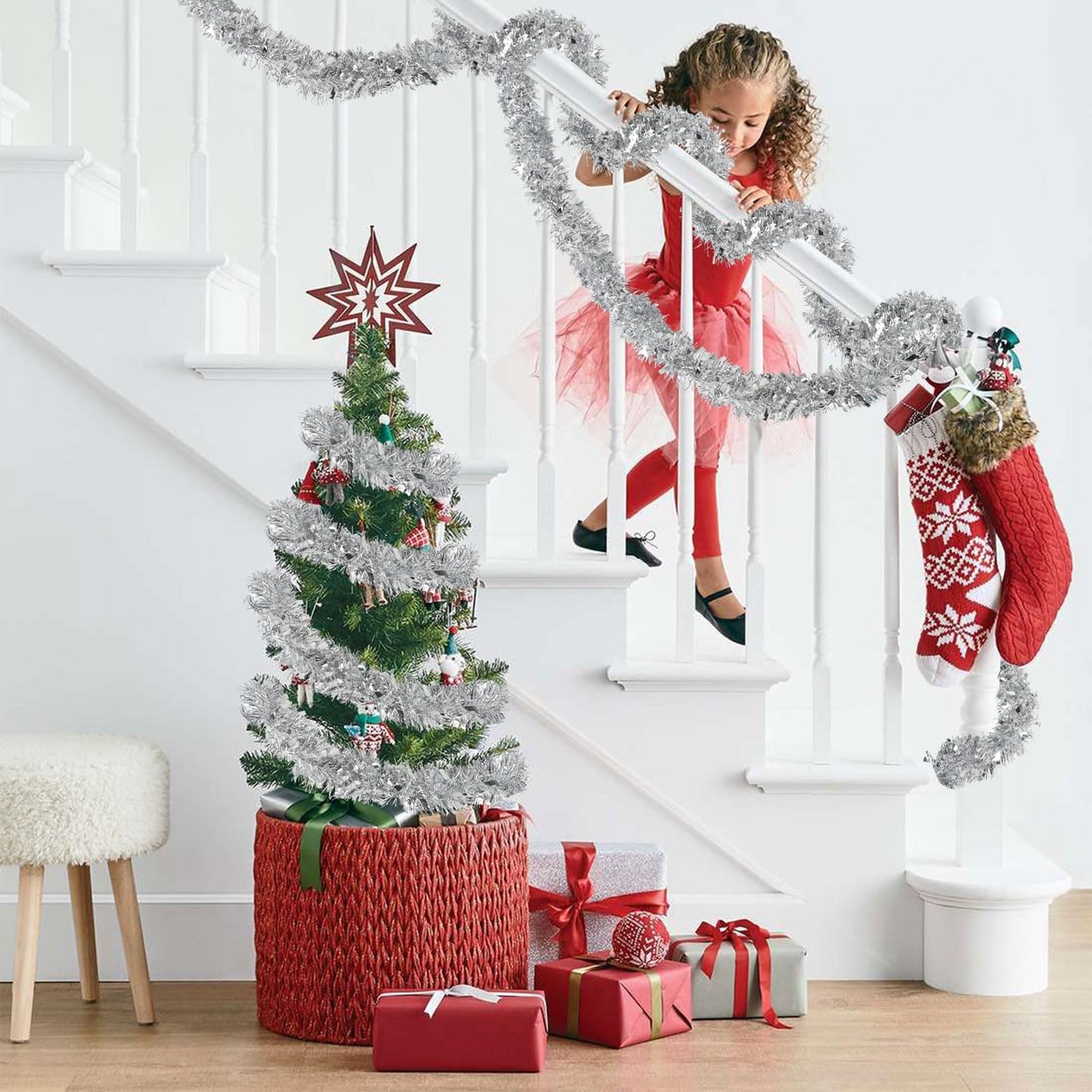 CCINEE Christmas Tinsel Garland, 50 Feet Silver Metallic Foil Hanging Tinsel Twist Garland for Xmas Tree Home Mantle Stair Fireplace Holiday Party Indoor Outdoor Christmas Decoration