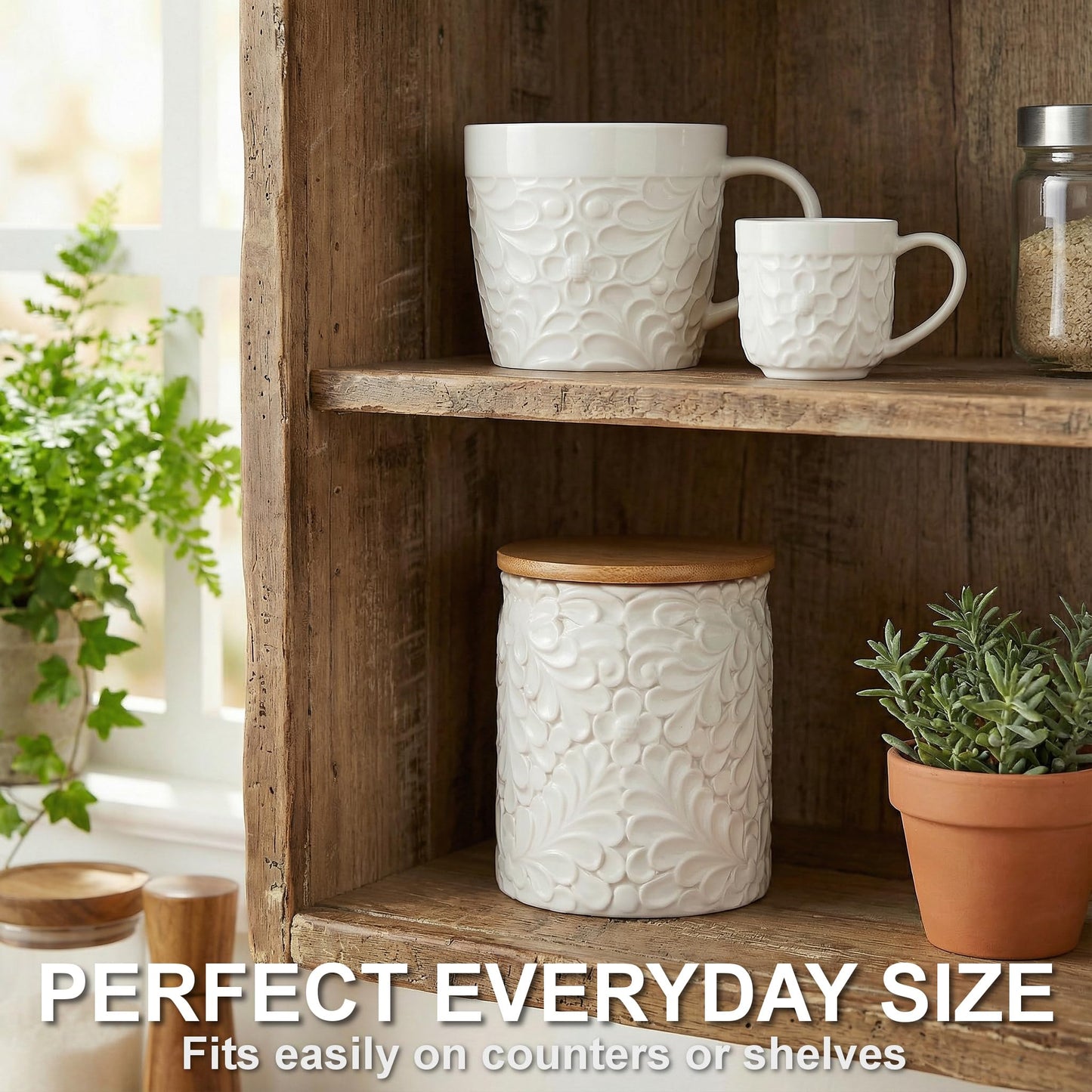 Small Engraved Ceramic Kitchen Canister - Storage Jars with Airtight Lids Made from Bamboo with Nature-Inspired Engraving - Use as a Pasta Holder, Coffee Ground Holder, Rice Container - 30 Ounces