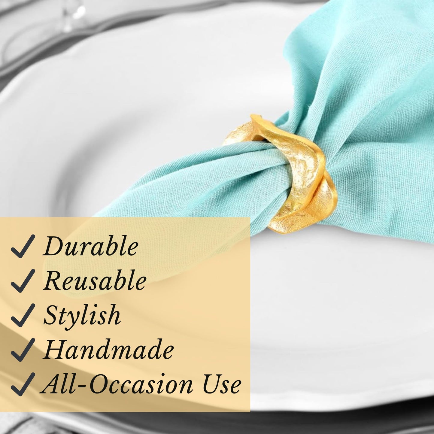 ALPHA Living HOME Modren Napkin Rings - 8 Pcs Premium Metal Napkin Holders for Cloth Napkins Elegant Table Decor for Weddings, Dinners & Special Occasions (Gold)