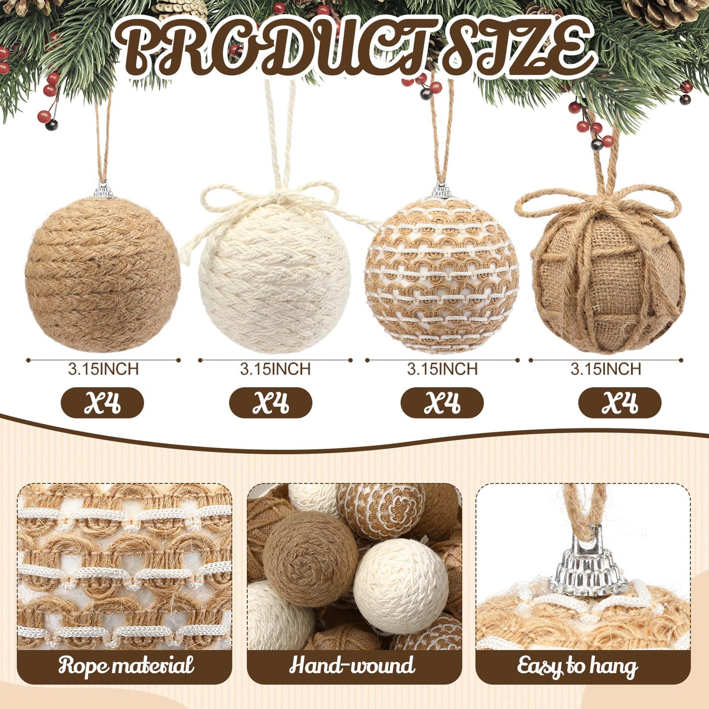 Leyndo 16 Pcs 3.15 Inch Burlap Christmas Ball Ornaments Rustic Farmhouse Christmas Tree Ornaments Neutral Jute Rope Hanging Balls Decorations Boho for Xmas Party Holiday Decor(Rustic Style)