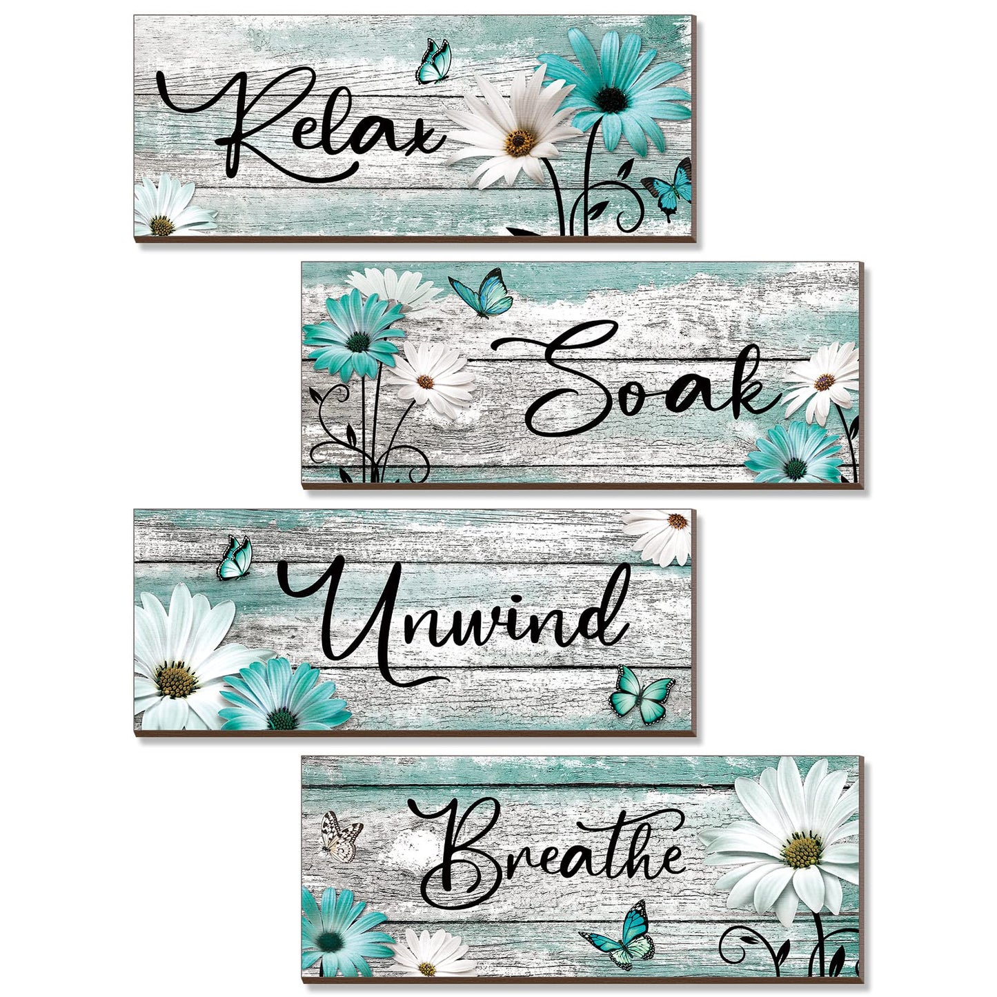 Sunnyray 4 Pcs Farmhouse Bathroom Wall Decor Sign Spring Daisy Tulip Flowers and Butterfly Bathroom Wall Art Relax Soak Unwind Breathe Rustic Wood Plaque Decor(10 x 4 Inch,Turquoise)