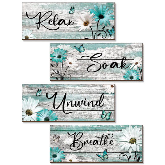 Sunnyray 4 Pcs Farmhouse Bathroom Wall Decor Sign Spring Daisy Tulip Flowers and Butterfly Bathroom Wall Art Relax Soak Unwind Breathe Rustic Wood Plaque Decor(10 x 4 Inch,Turquoise)