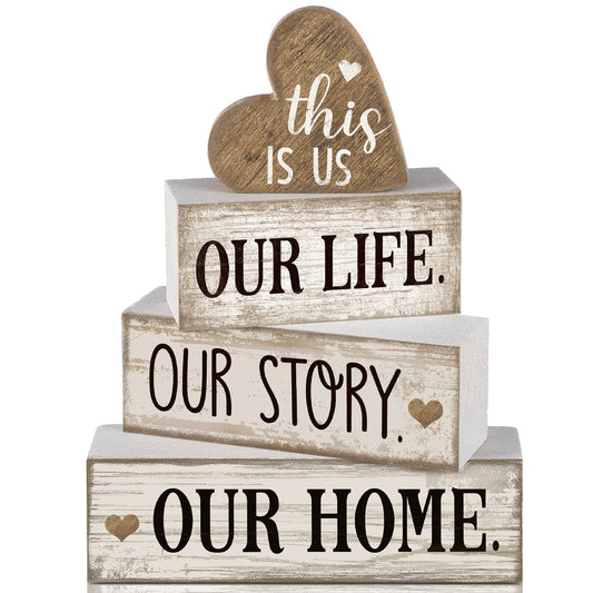 Conelist 4 Pcs Farmhouse Wooden Heart Tabletop Decor Farmhouse Tiered Tray Decor This is Us Centerpiece Decorative Rustic Our Home Block Sign Gift for Home Table Kitchen Shelf Decoration