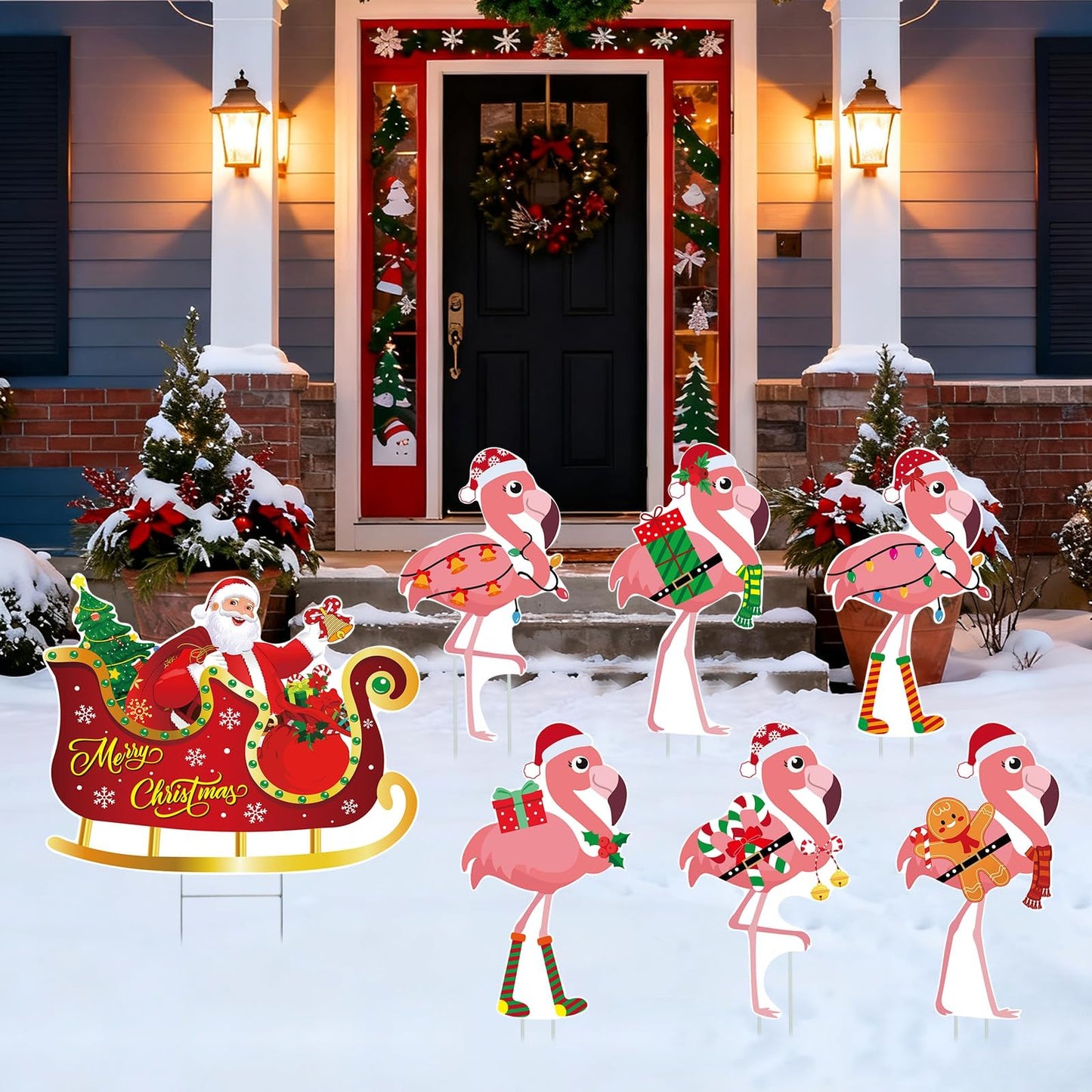 ARQRHTLY 7pcs Christmas In July Flamingo Yard Sign with Stakes Waterproof Outdoor Lawn Garden Holiday Decoration for Patio Front Yard Pool Party Beach Seasonal Festive Decor Eye Catching Flamingo Sign