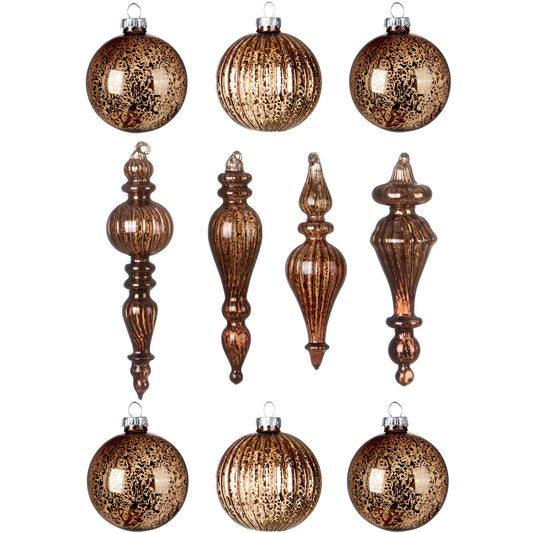 DN DECONATION Mercury Glass Christmas Ornaments, 10pcs Vintage Brown Glass Hanging Balls Finial with Different Shapes for Xmas Tree Decor,Luxury Christmas Baubles for Neutral Holiday Winter Decoration
