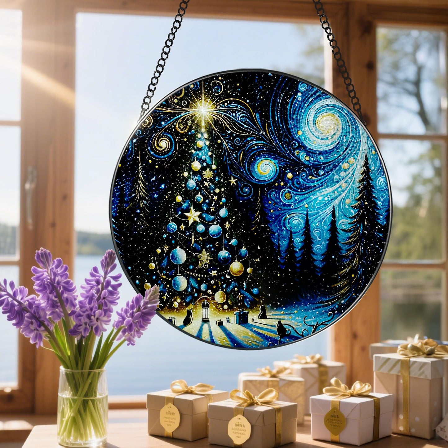 DOUHASU 8″ Starry Night Christmas Tree Stained Glass Suncatcher Ornament, Stained Glass Window Hanging — Holiday Window Ornament | Gift for Christmas, Holiday Present Idea, Gift Exchange, Gifts Idea