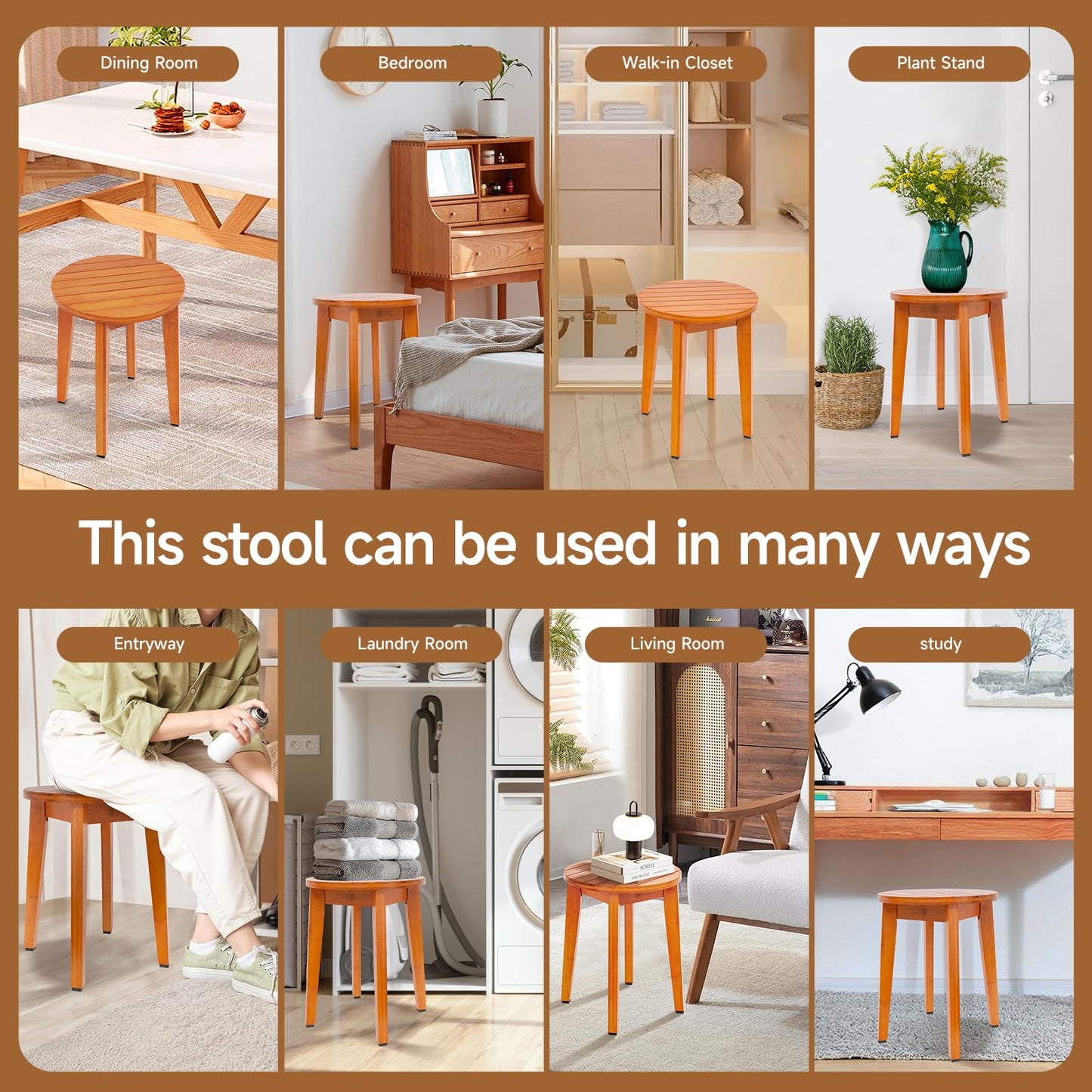 KISENG Round 16 Inch Bamboo Waterproof Shower Bathroom Stool Chair, Duty Wooden Bath Corner Shaving Legs Bench Seat (Honey Bamboo, XL)