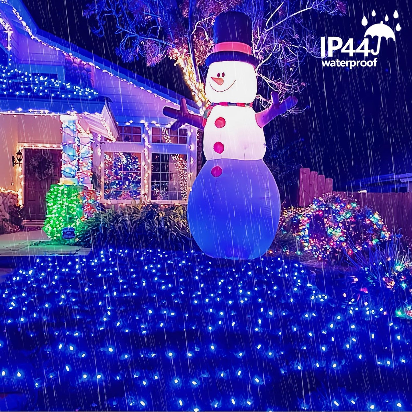 QITONG Net Lights Outdoor Mesh Lights, 12ft x 5ft 360 LED Blue Christmas Light with 8 Modes, Connectable Clear Wire Bush Light Plug in