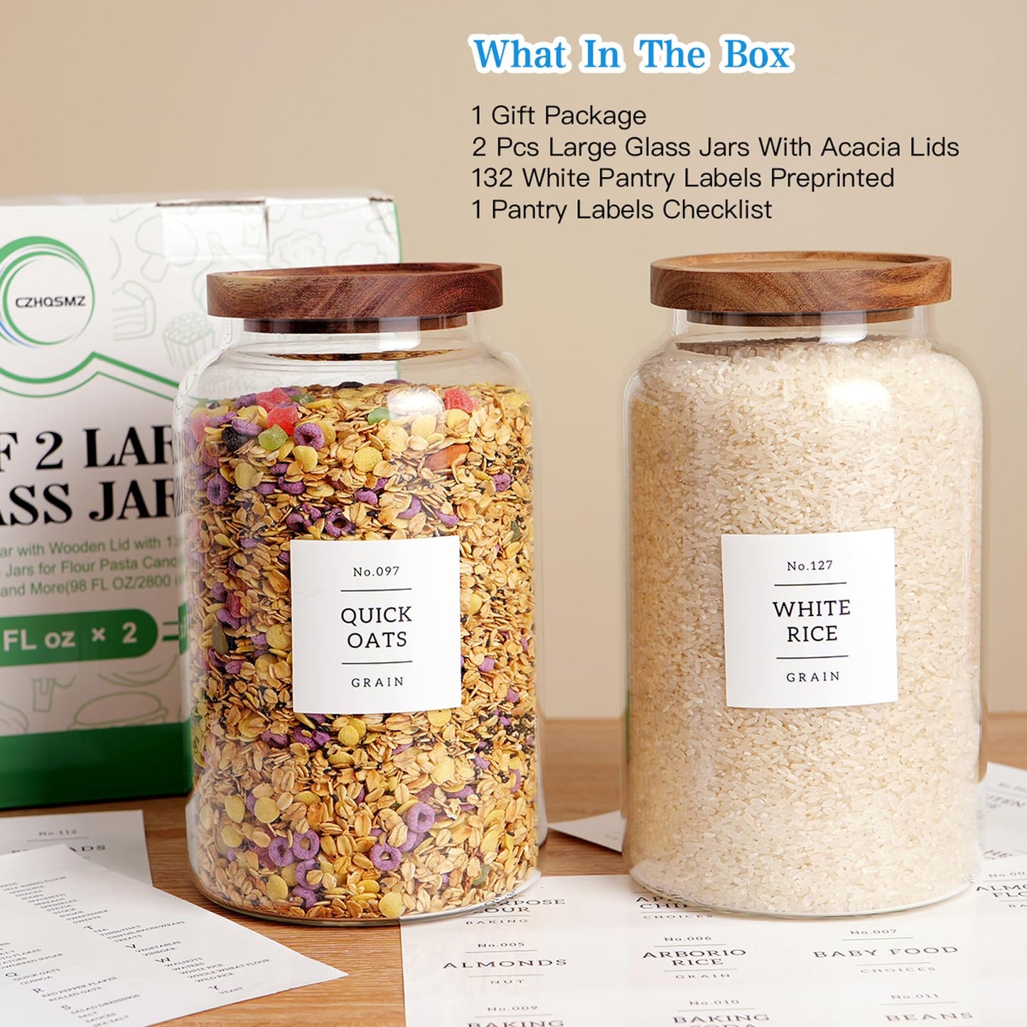 CZHQSMZ Set of 2 Large Glass Jar with Airtight Acacia Lid and 132 Kitchen Pantry Labels, Clear Glass Food Storage Jars Containers for Rice Flour Pasta Sugar Coffee Cookie and More(98 Fl Oz/2800 Ml)