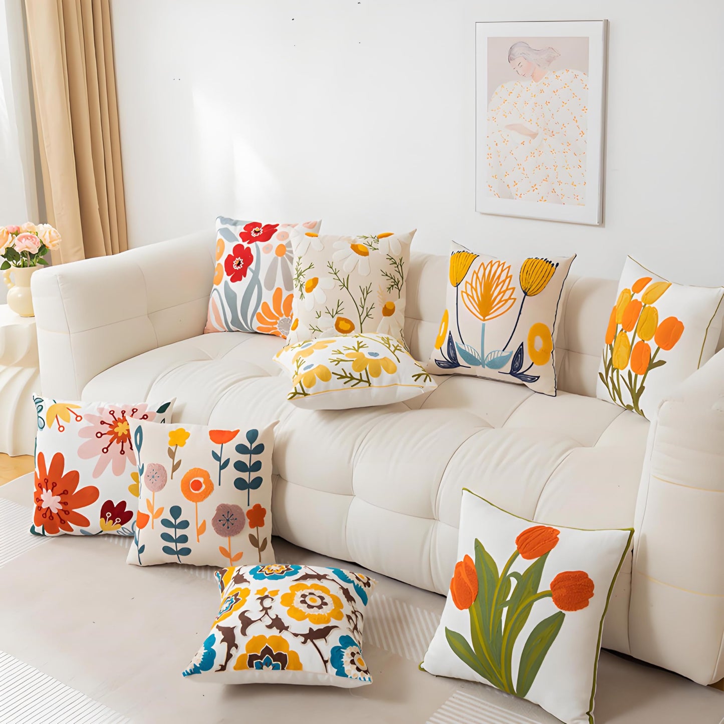 TAOSON Pack of 2,Flowers and Leaves Pattern Embroidered Throw Pillow Cover,Cotton Canvas Cushion Covers, Spring Farmhouse Decor, Valentine's Day Gift Square Farmhouse Floral Pillow Case 18" x18"