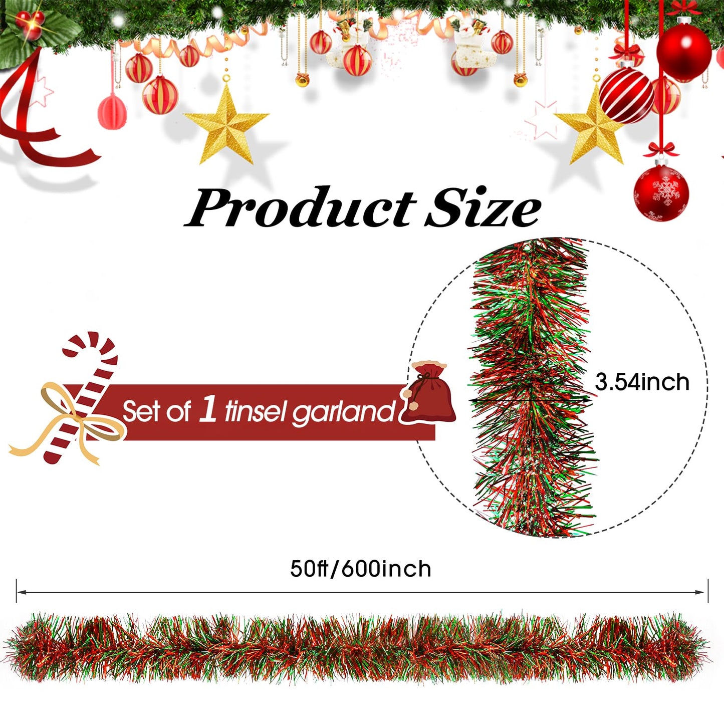 EverMerry Christmas Garland, 50 ft Tinsel Garland Christmas Decorations, Metallic Outdoor Christmas Garland for Stairs, Christmas Tree Tinsel, Home and Birthday Party Decorations(Red and Green)