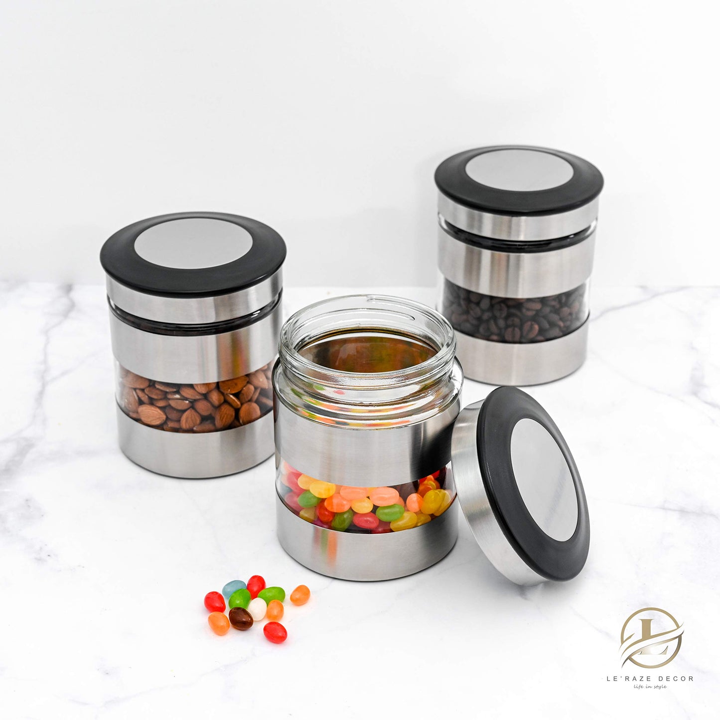 Le'raze Quality Stainless Steel Canister Set of 3 for Kitchen Counter with Glass Window & Airtight Lid - Food Storage Containers with Lids Airtight - Pantry Storage and Organization Set